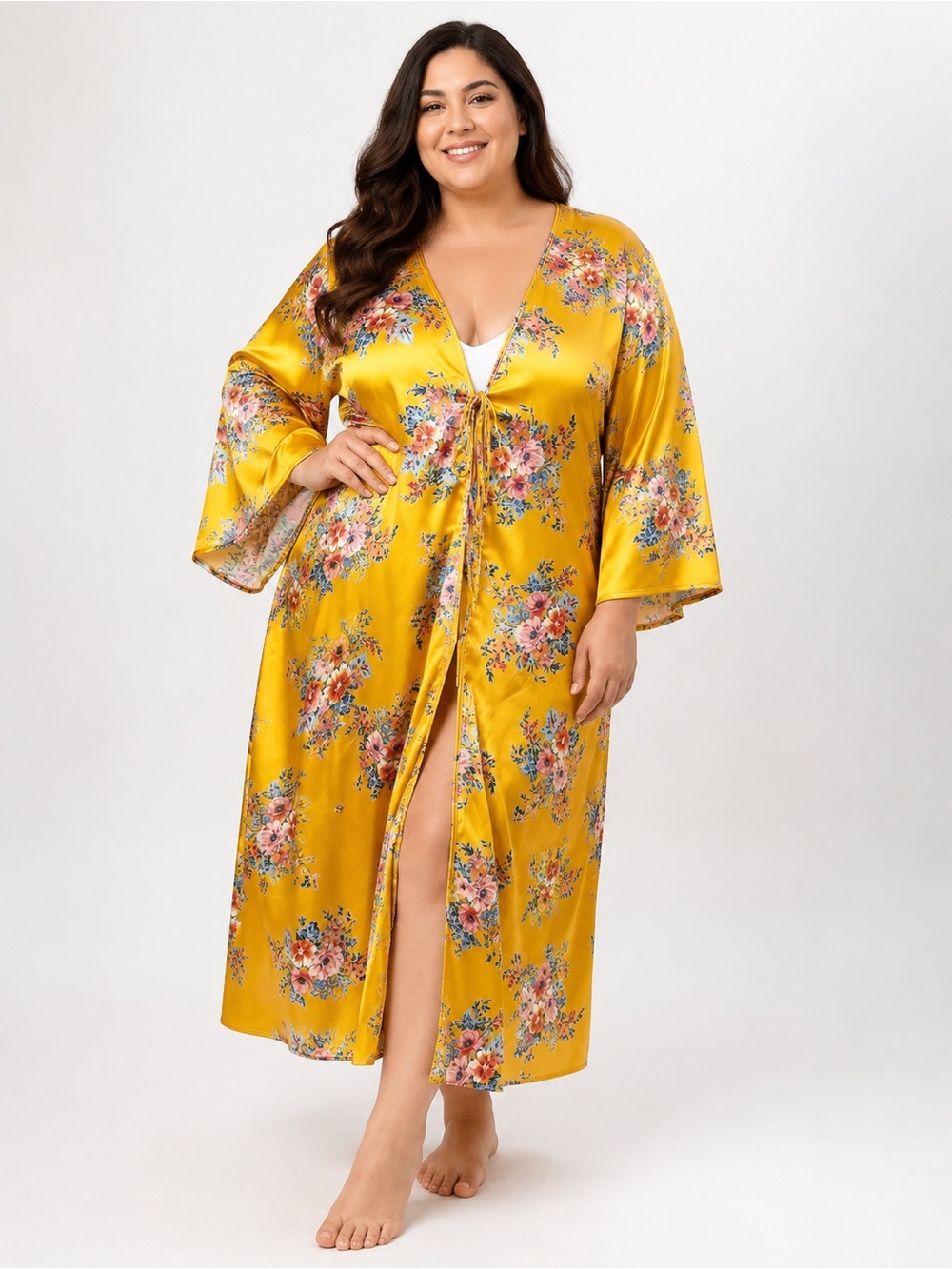 Boohoo long Bell sleeves Mustard Yellow Floral Satin Cardigan Kimino/cardigan16